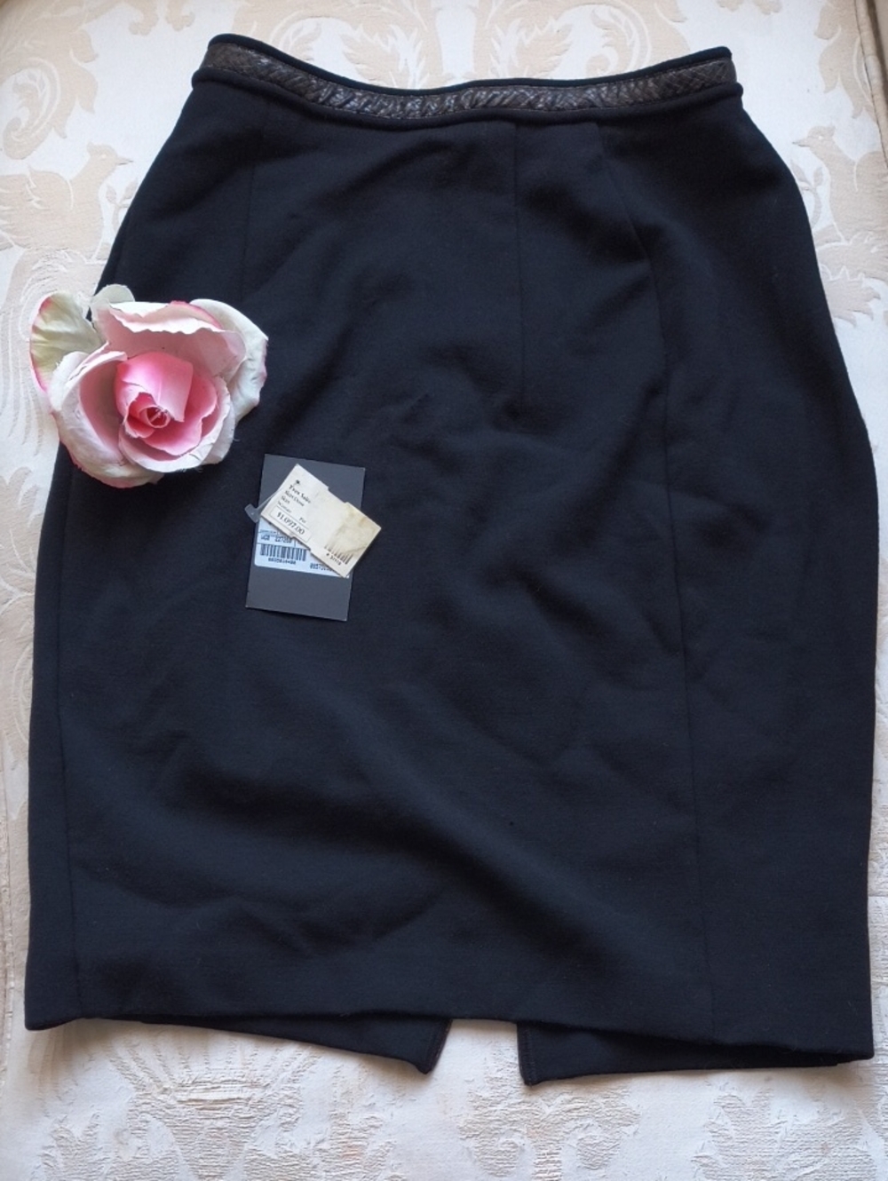 Yves Saint Laurent Black Pencil Skirt with Textured Waist Trim
